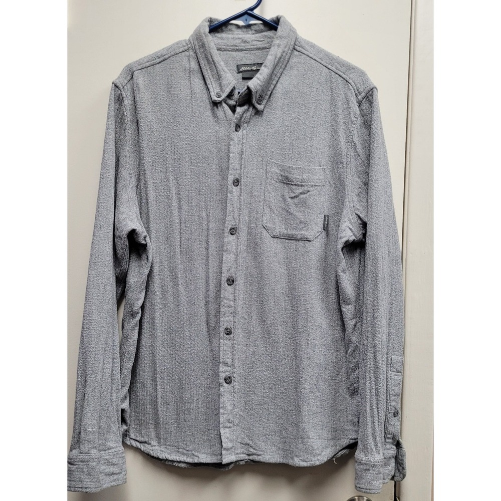 Eddie Bauer Flannel‎ Button Down Shirt Gray Long Sleeve Herringbone Men's Large